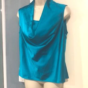 Calvin Klein Blue Satin Blouse with Cowl Neckline